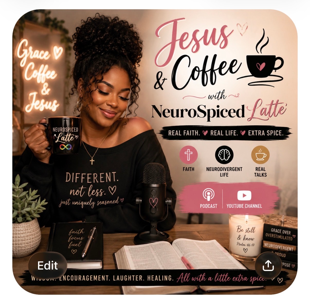 Woman holding coffee beside a faith podcast setup